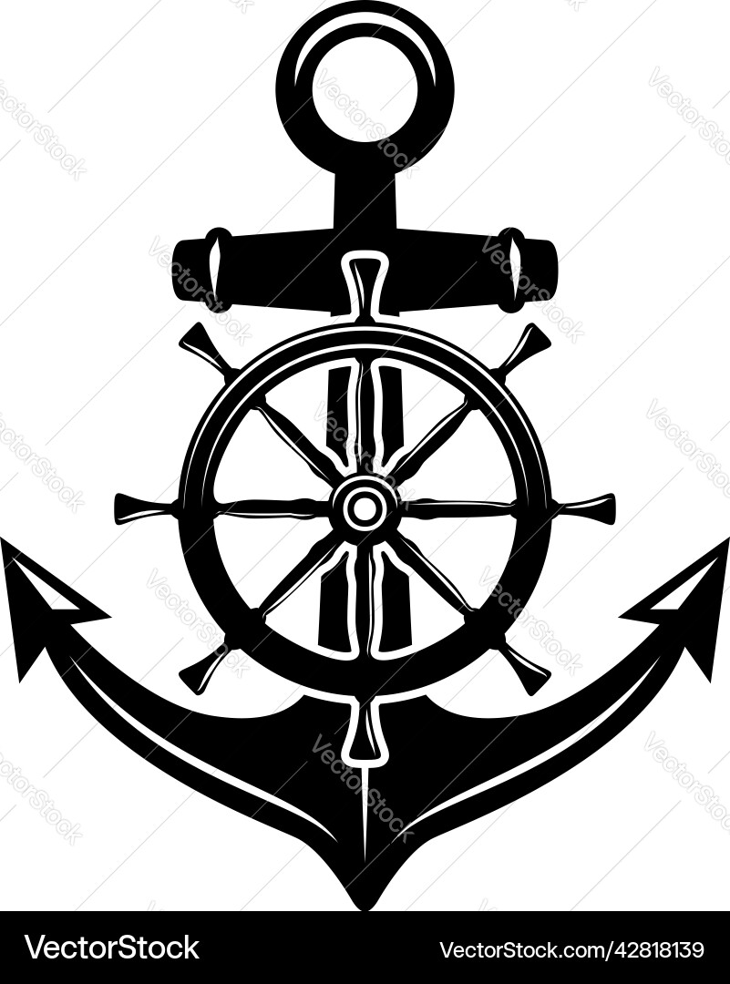 An anchor with ship steering wheel in monochrome An anchor with ship steering wheel in monochrome vector image
