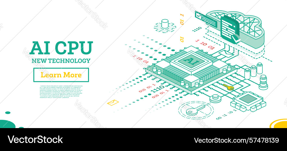 Isometric of ai cpu technology with binary code Isometric of ai cpu technology with binary code vector image