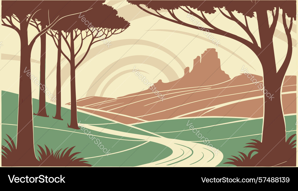 Rolling hills and trees with radial patterns vector image