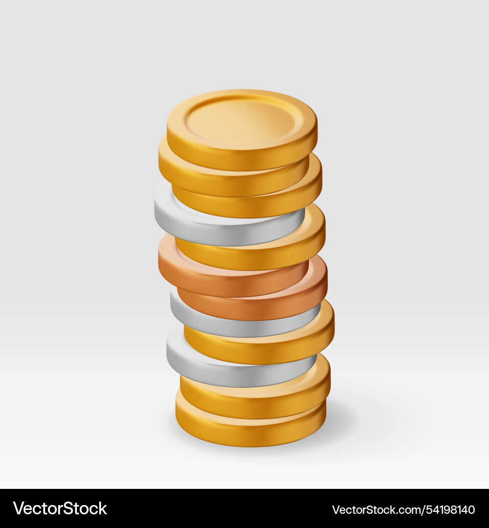 3d stack of gold silver and bronze coins 3d stack of gold silver and bronze coins vector image