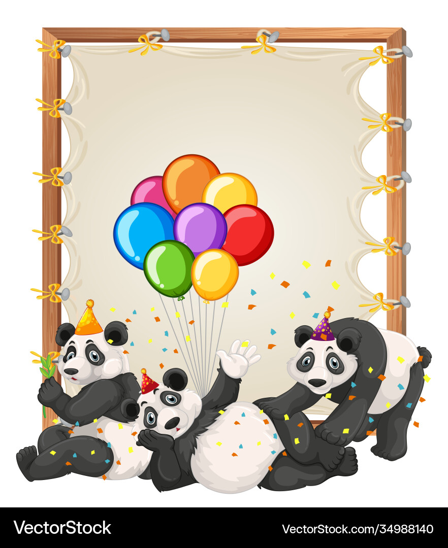 Canvas wooden frame template with pandas in party Vector Image