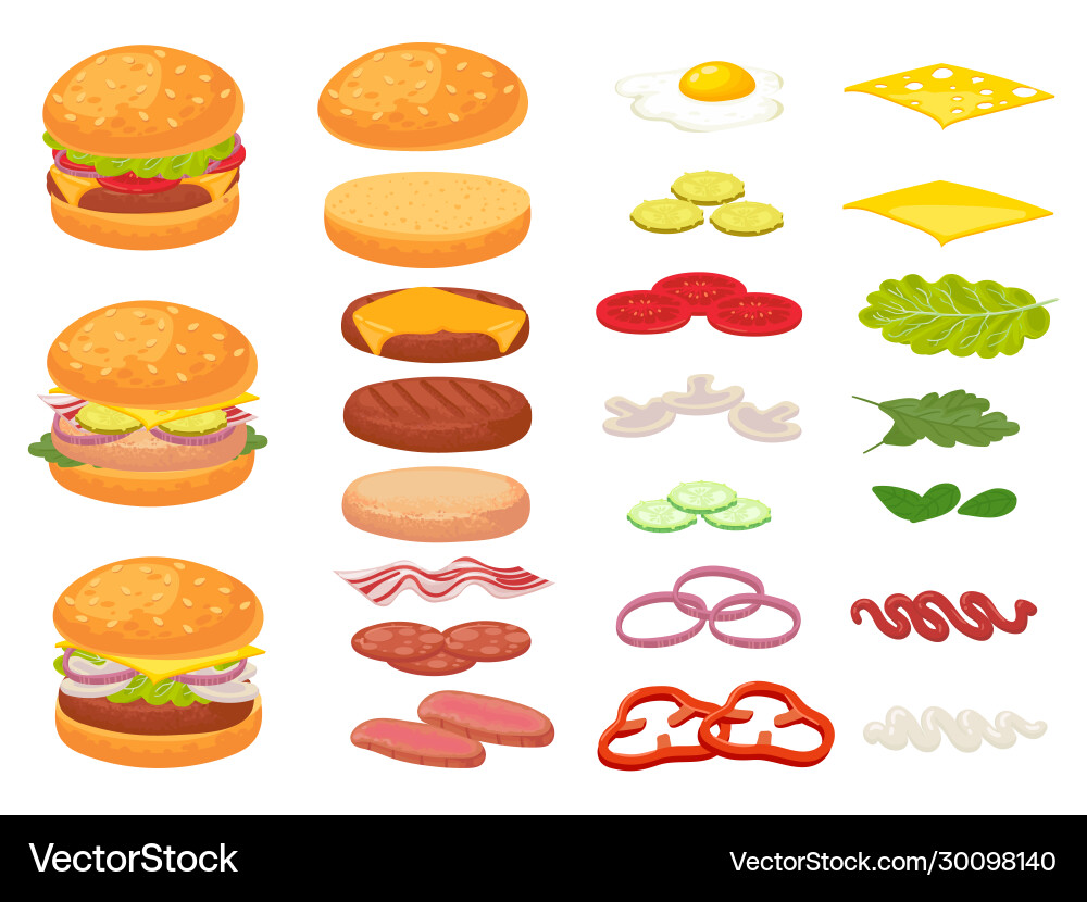 Cartoon burger ingredients hamburger chop bun Cartoon burger ingredients hamburger chop bun vector image