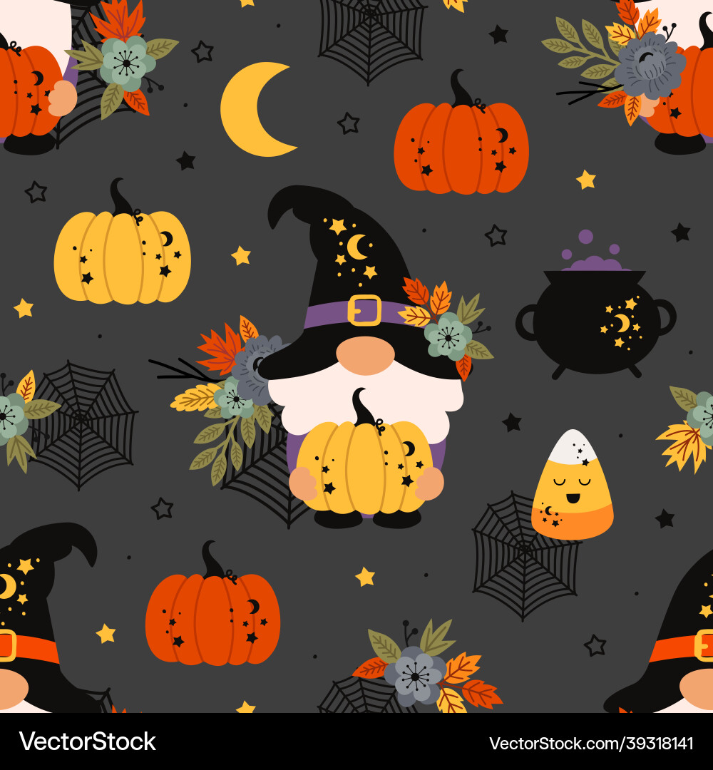 Halloween Gnomes & Pumpkins Seamless Pattern vector image
