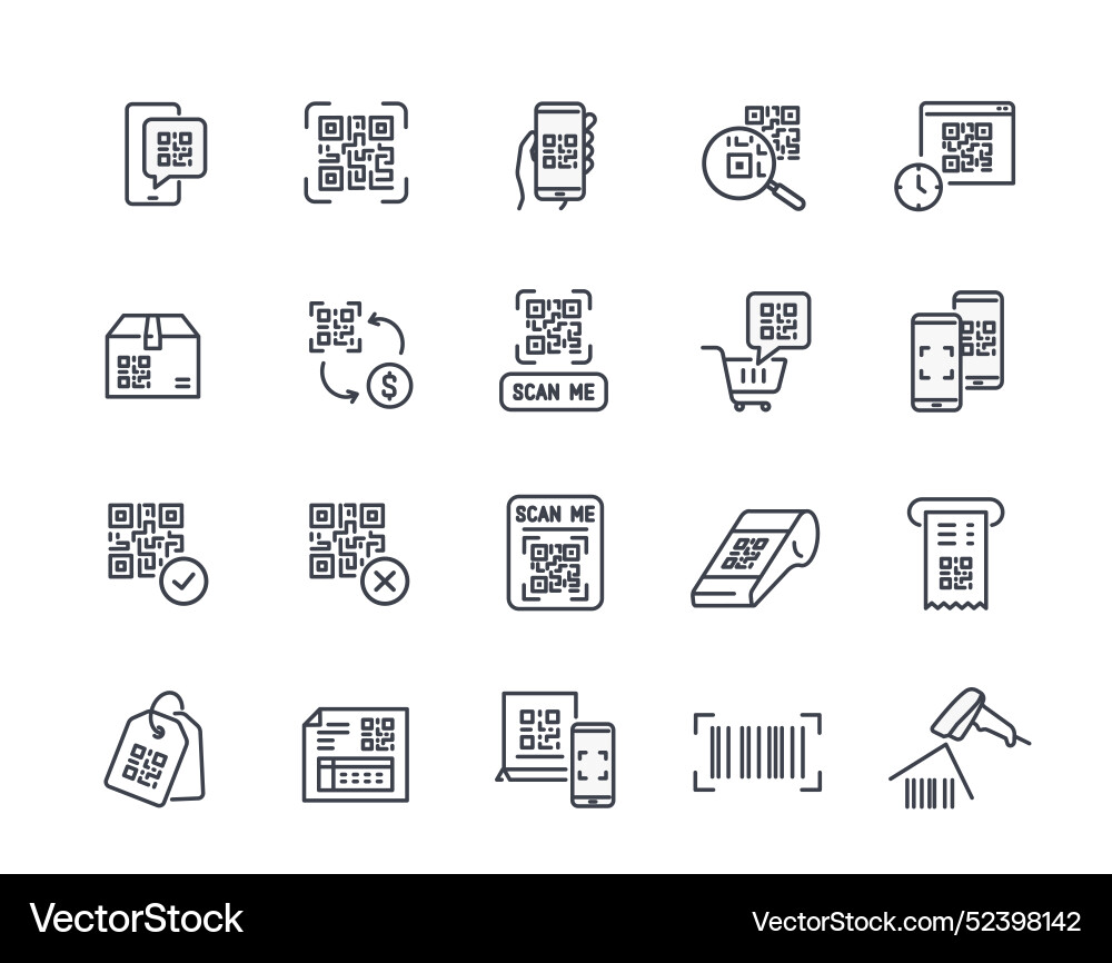 Set of qr code line icons signs with scanning Set of qr code line icons signs with scanning vector image