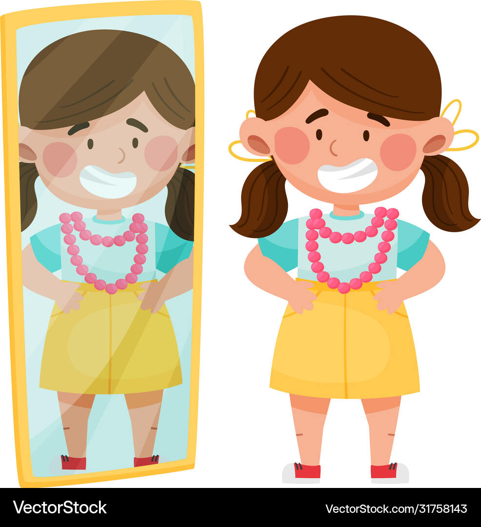Girl character standing in front mirror – Royalty-Free Vector | VectorStock, image size:986x1080