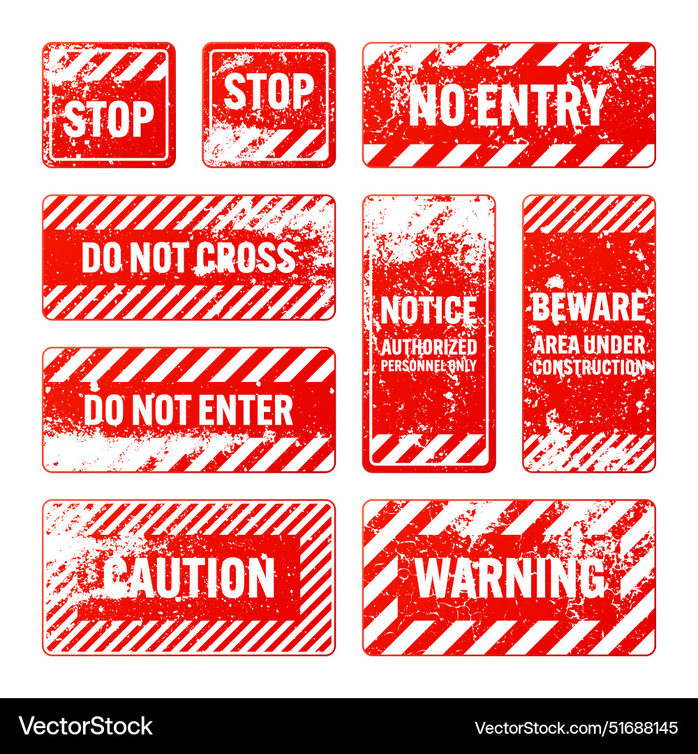 Red grunge warning signs with diagonal lines old Vector Image