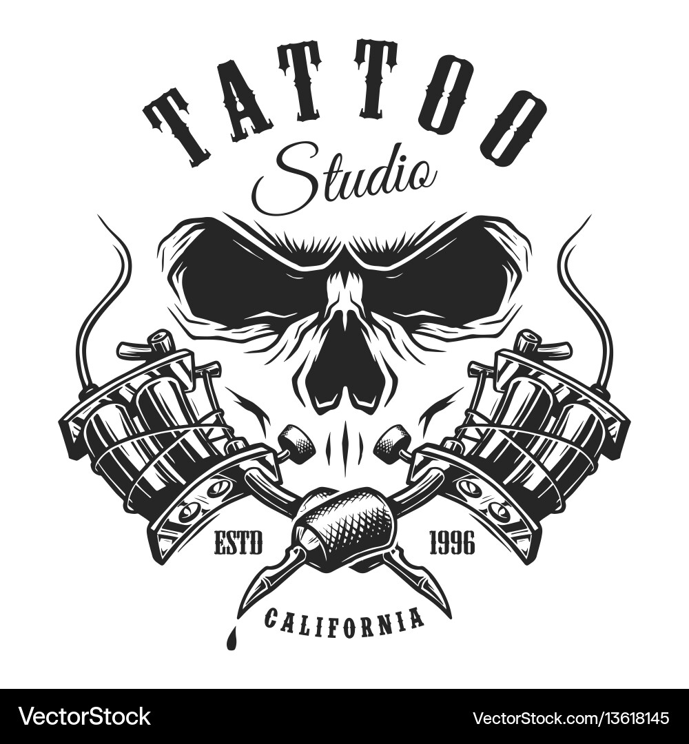 Tattoo studio emblem with machines and skull Tattoo studio emblem with machines and skull vector image