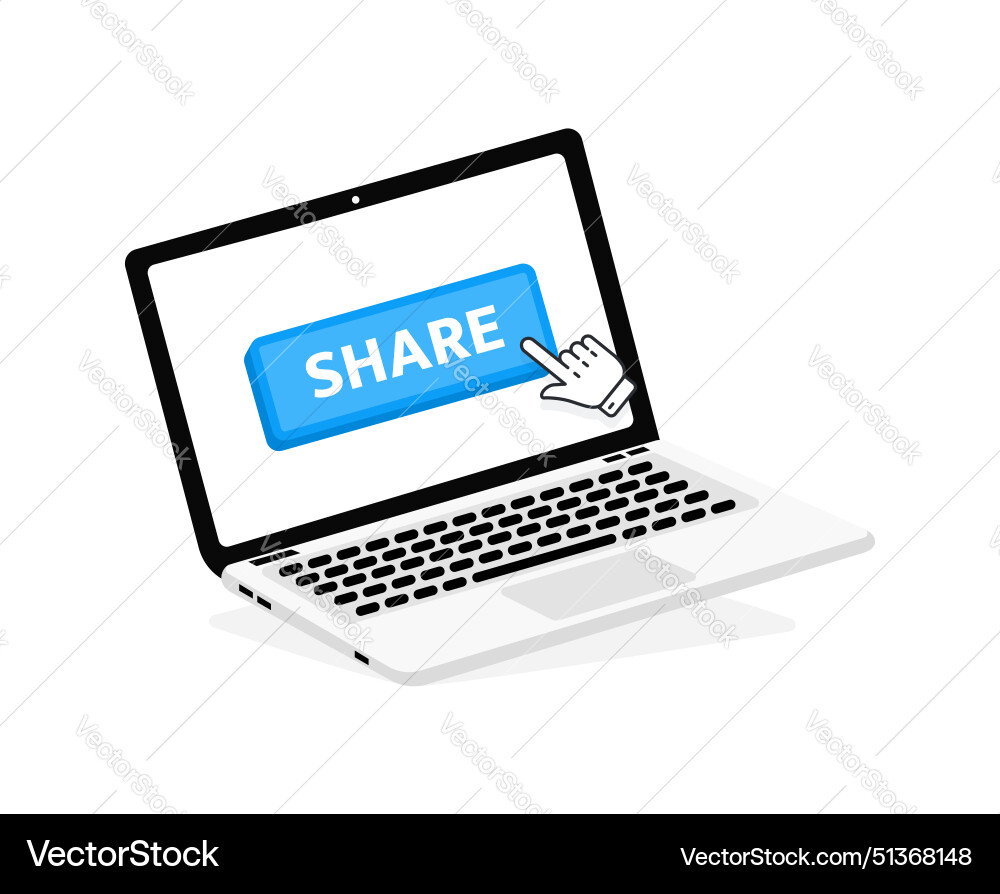 Share text on laptop screen with a red button Share text on laptop screen with a red button vector image