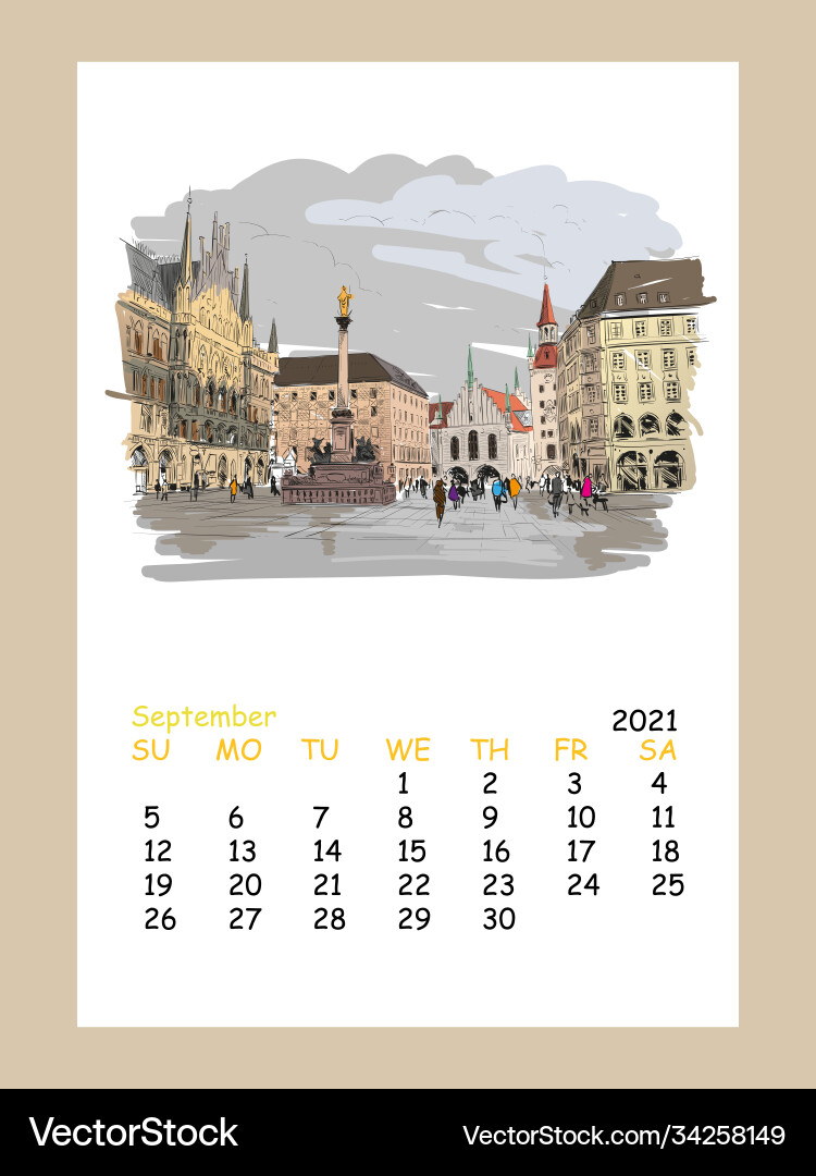 Calendar sheet september month 2021 year munich vector image