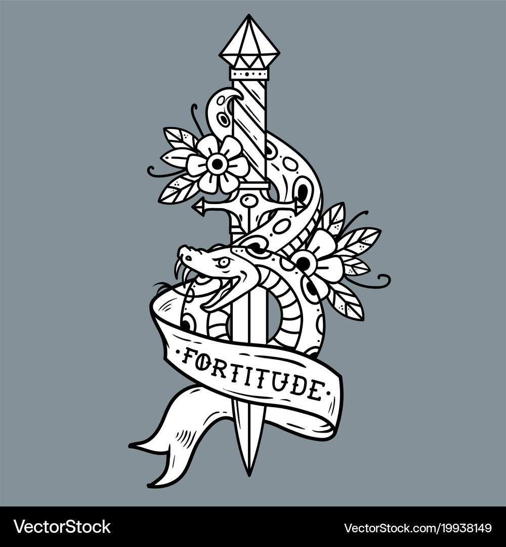 Tattoo dagger snake ribbon lettering fortitude – Royalty-Free Vector |  VectorStock, image size:1000x1080