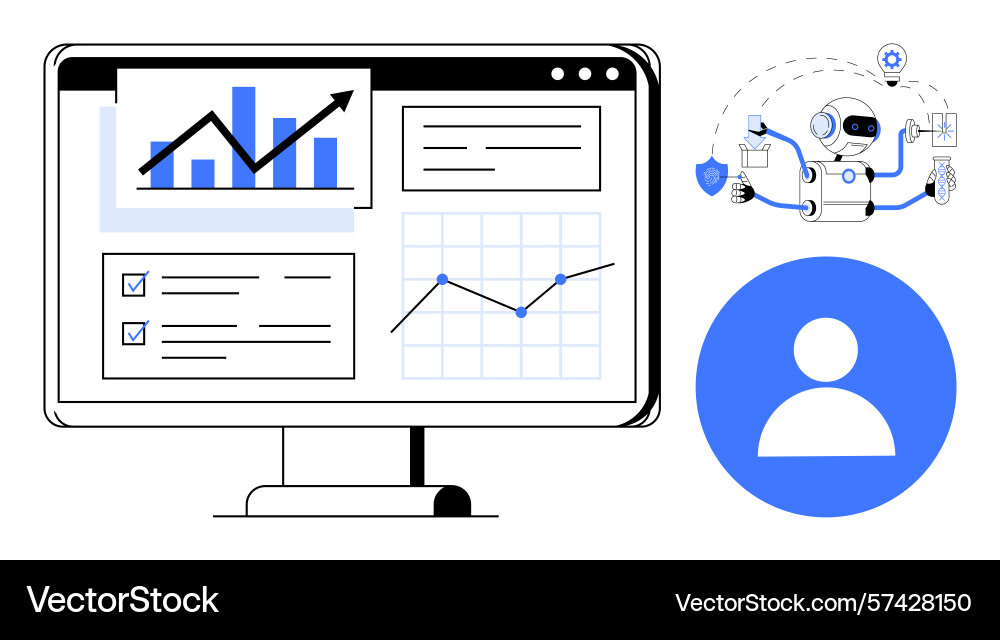 Data analytics dashboard with robot automation Data analytics dashboard with robot automation vector image