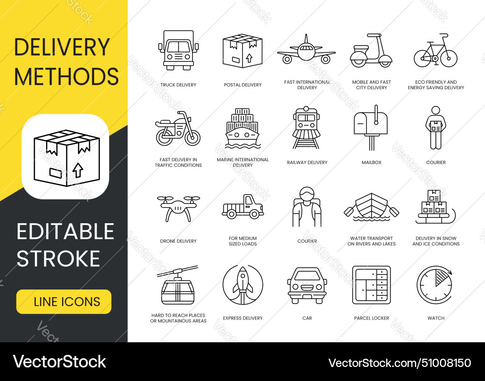 Types and methods of delivery line icons set Types and methods of delivery line icons set vector image