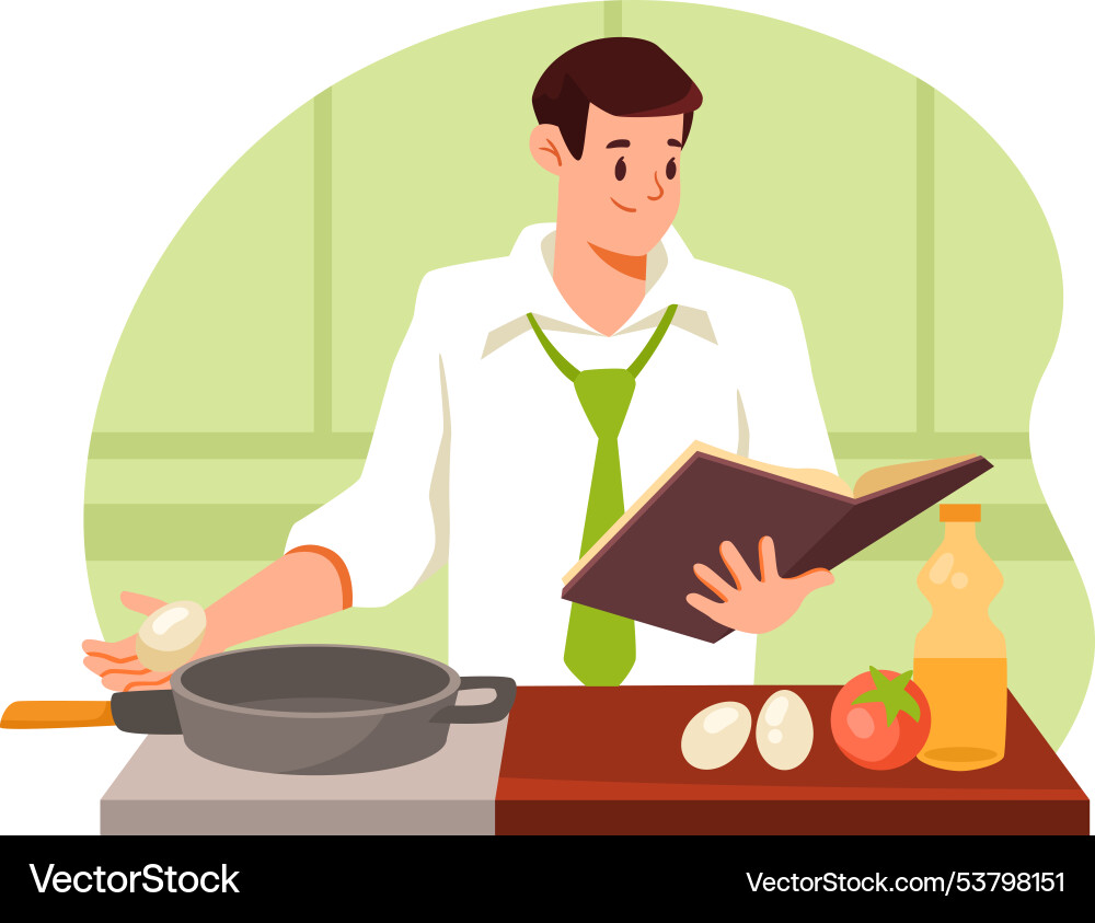 Man cooking at home with cookbook and frying pan Vector Image