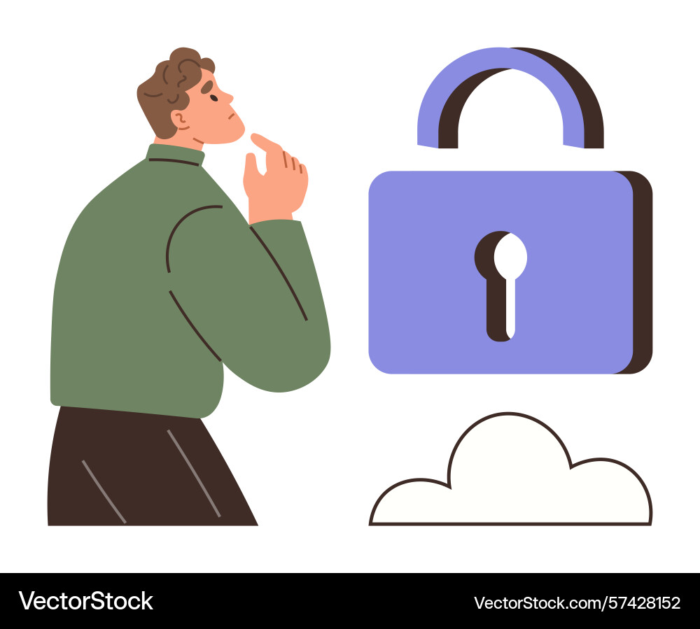 Man contemplating cybersecurity with large padlock vector image
