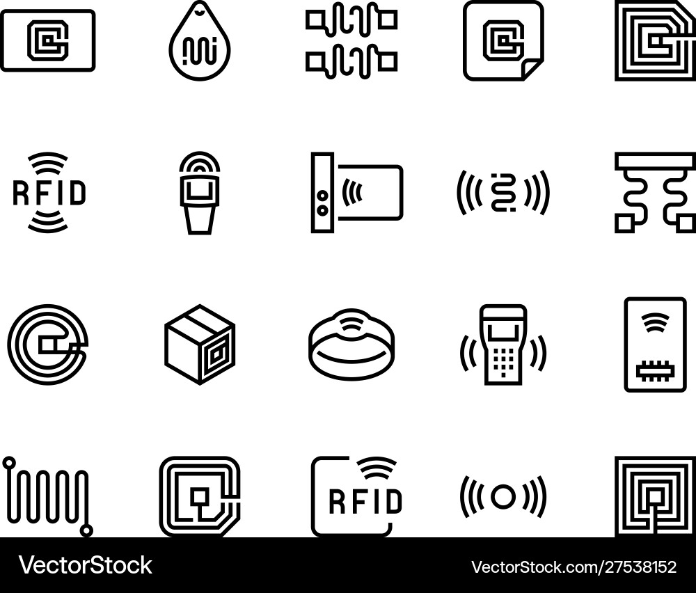 Radio tag line icons wireless rfid chip and Radio tag line icons wireless rfid chip and vector image