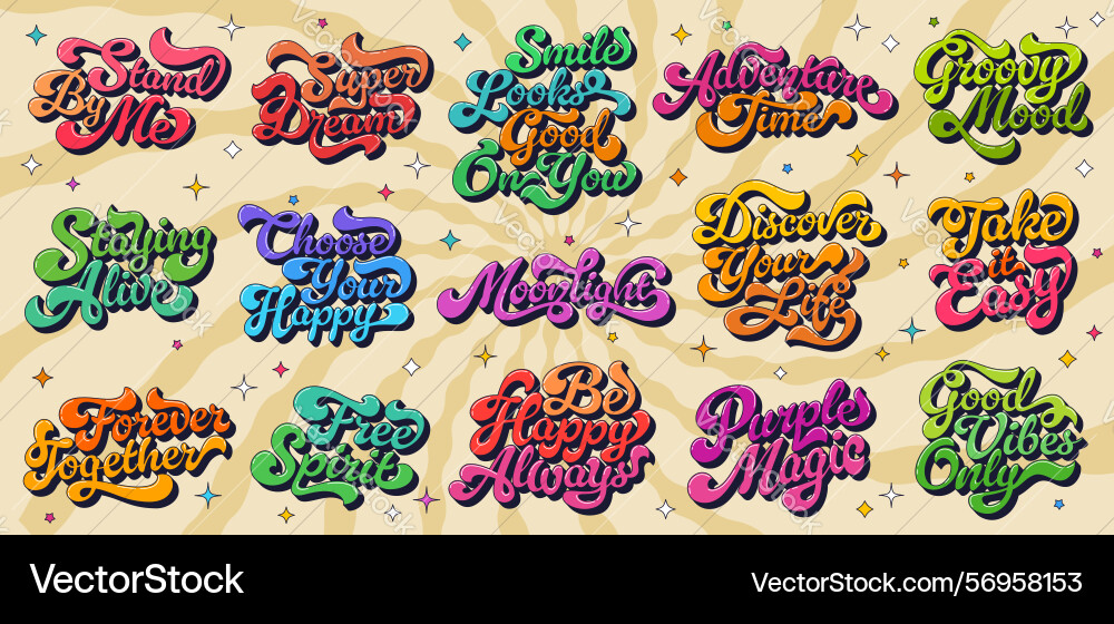 Groovy hippie script quote retro typographic set Groovy hippie script quote retro typographic set vector image