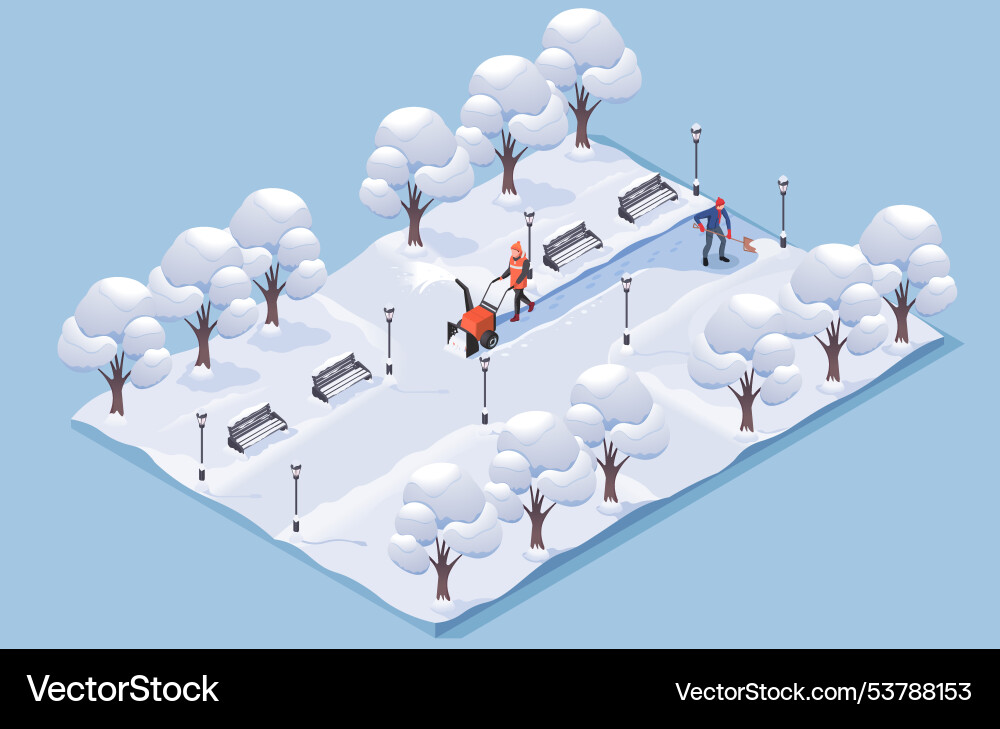 Isometric view of a snowy park scene with workers Isometric view of a snowy park scene with workers Vector Image