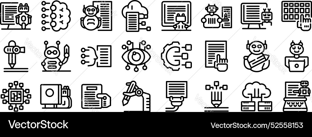 Robot-writer icons set artificial intelligence Robot-writer icons set artificial intelligence vector image