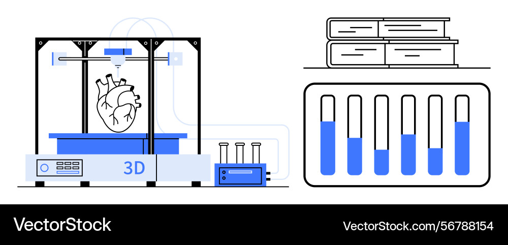 3d printer creating a heart model with test tubes vector image