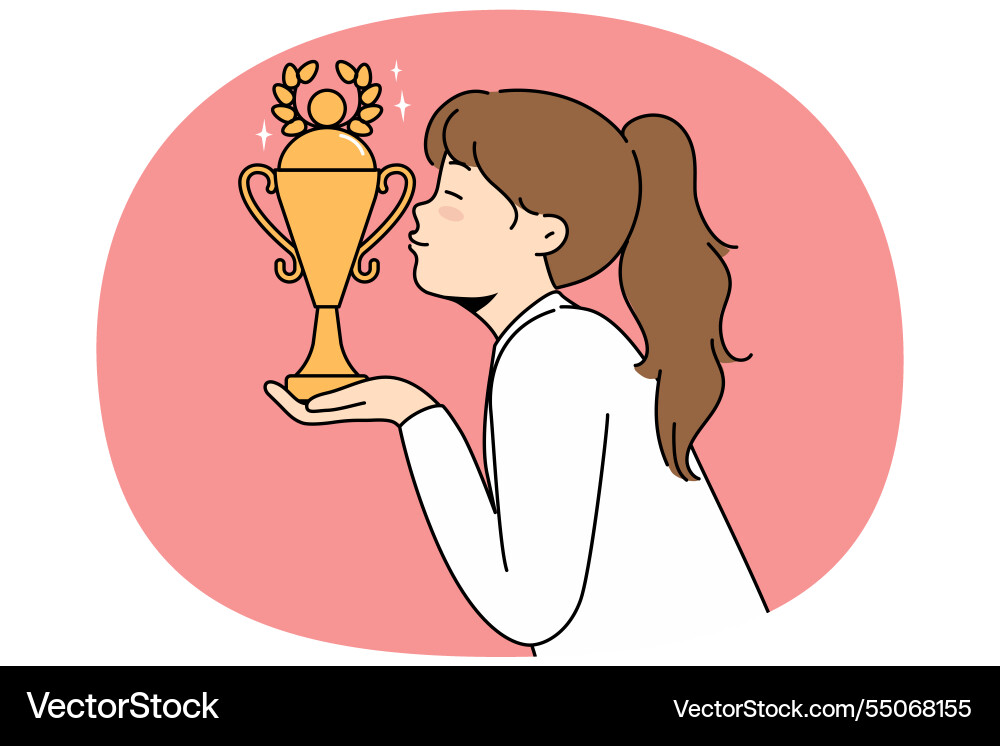 Little girl leader kisses golden cup won in school Little girl leader kisses golden cup won in school vector image