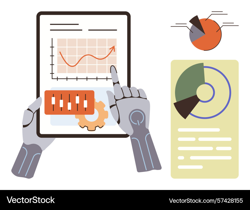 Robotic hands analyzing business data with graphs Robotic hands analyzing business data with graphs vector image