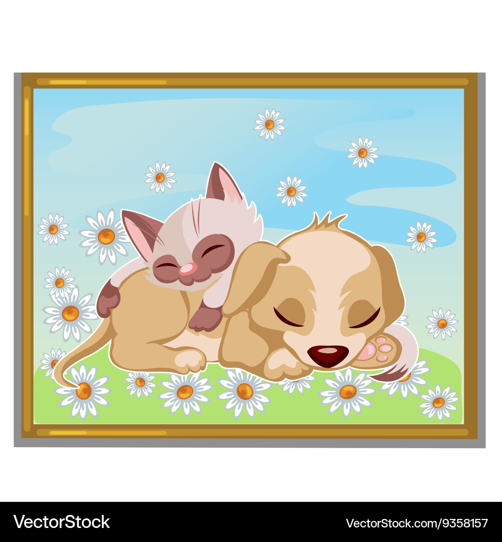 Picture of cute kitten sleeping on a puppy vector image