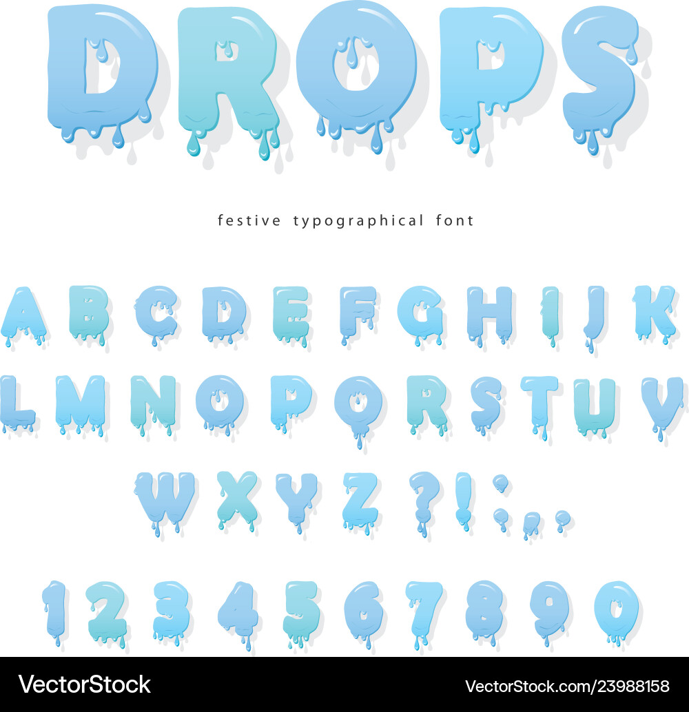 Water Drops Alphabet Font - Glossy ABC vector image