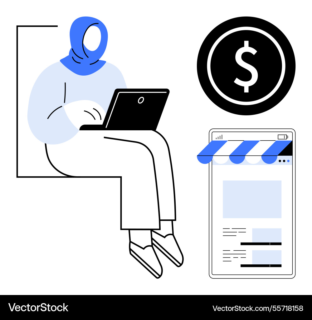 Woman with laptop near online storefront and large Woman with laptop near online storefront and large vector image