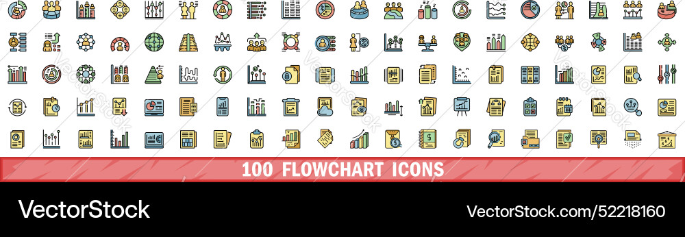 100 flowchart icons set color line style 100 flowchart icons set color line style vector image