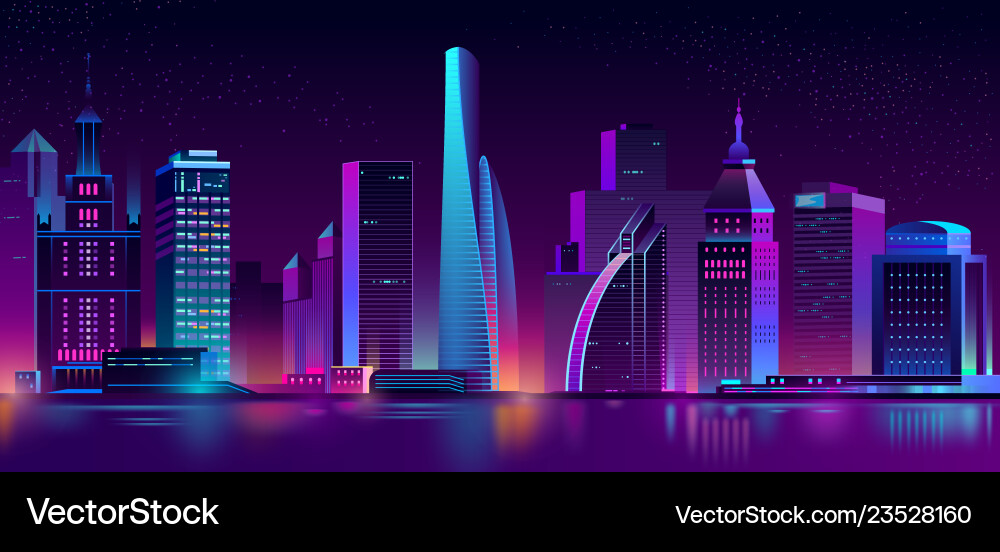 Neon megapolis background with buildings vector image