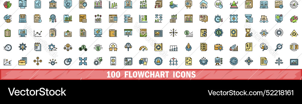 100 flowchart icons set color line style 100 flowchart icons set color line style vector image