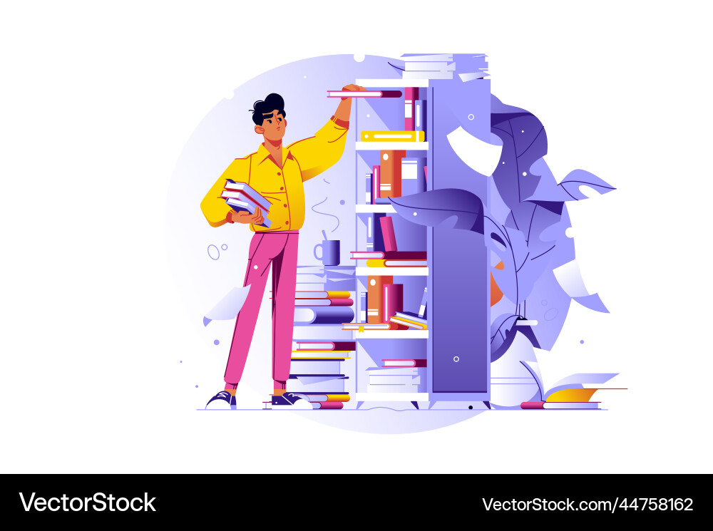 Man taking books from bookcase in library vector image
