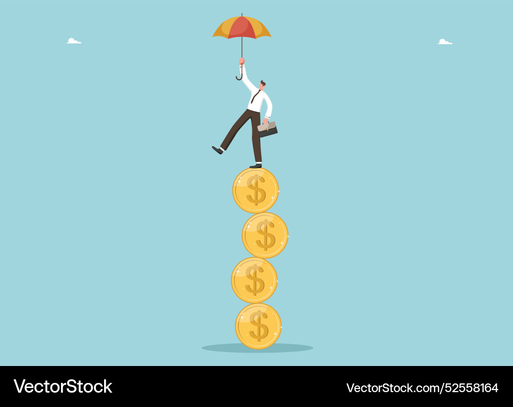 Man balancing on stack of coins Man balancing on stack of coins Vector Image