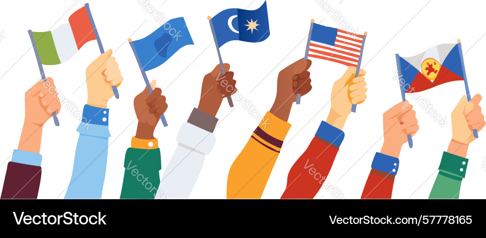 Raised hands with world flags - global unity Vector Image