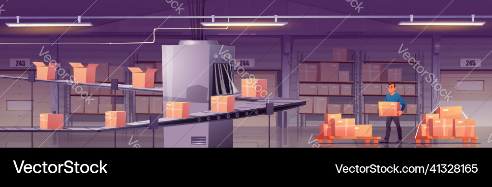 Worker loading boxes on conveyor belt at factory Worker loading boxes on conveyor belt at factory vector image