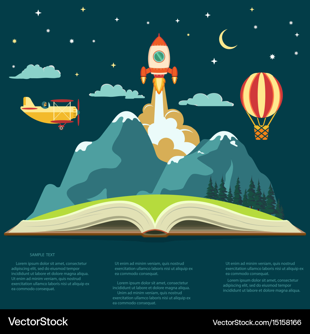 Open Book with Mountain and Flying Objects vector image
