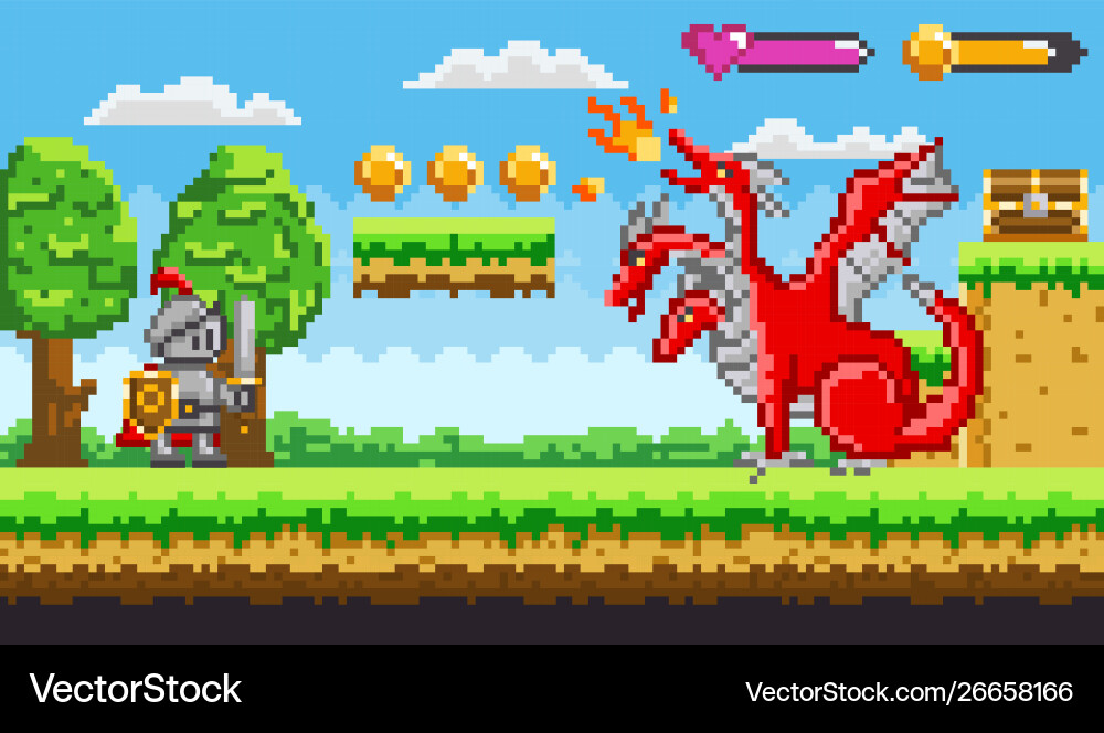 Pixel game with dragon and knight fighting Vector Image