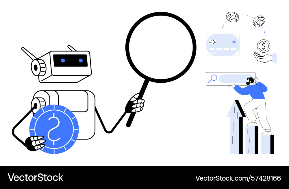 Robot with magnifying glass analyzing data man Robot with magnifying glass analyzing data man vector image