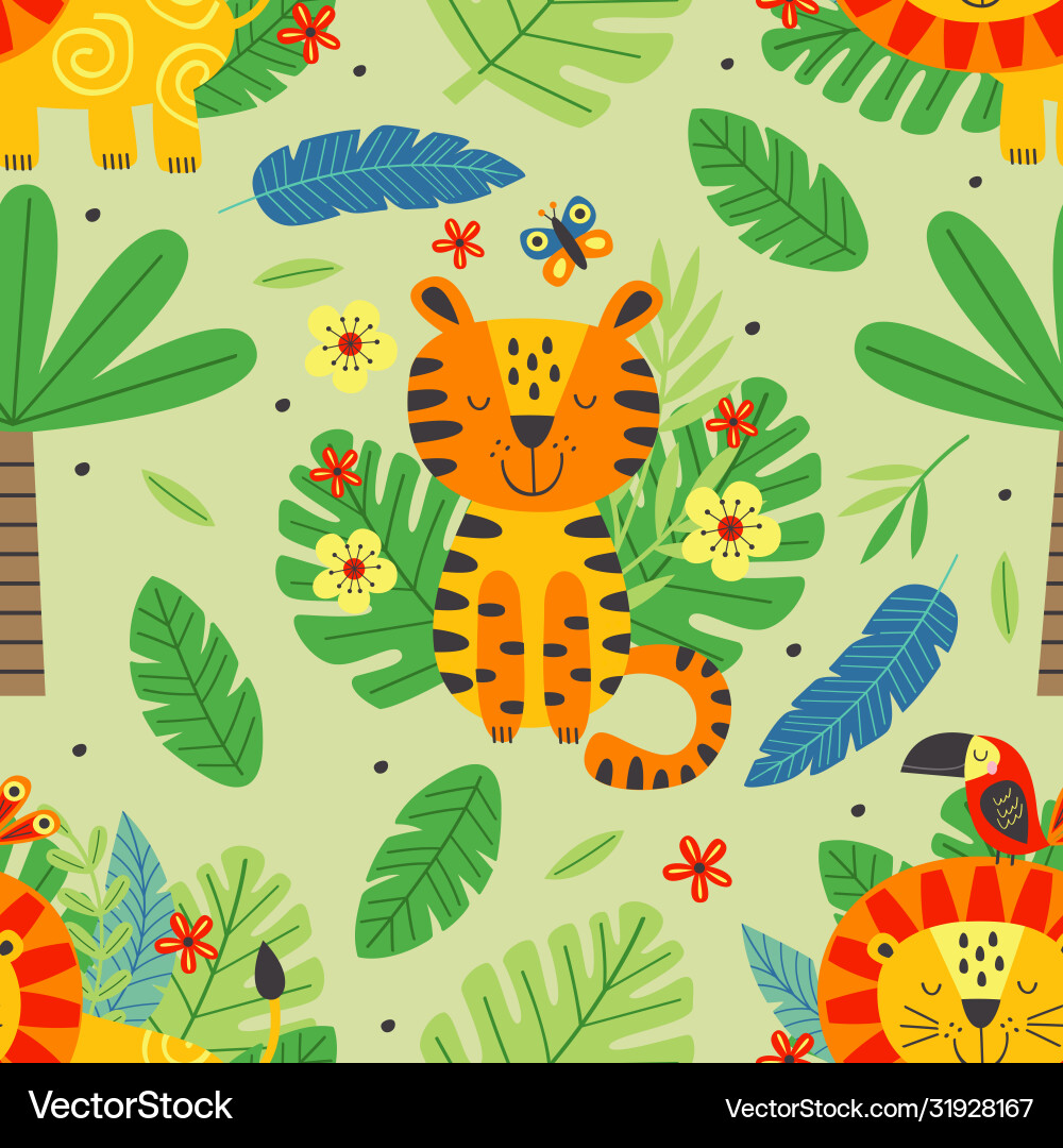 Seamless pattern with cute tiger and lion Seamless pattern with cute tiger and lion vector image