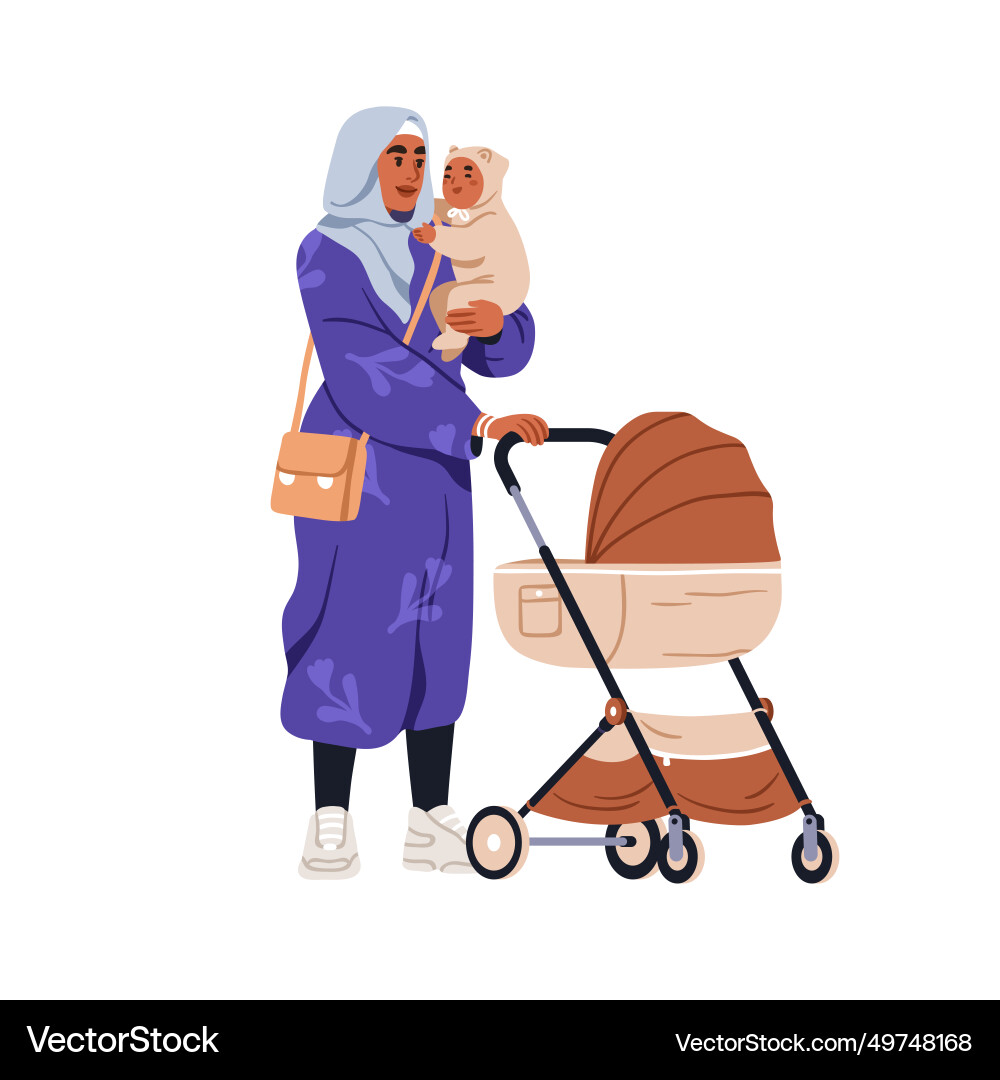 Muslim mother holding baby in arms arab mom Muslim mother holding baby in arms arab mom vector image