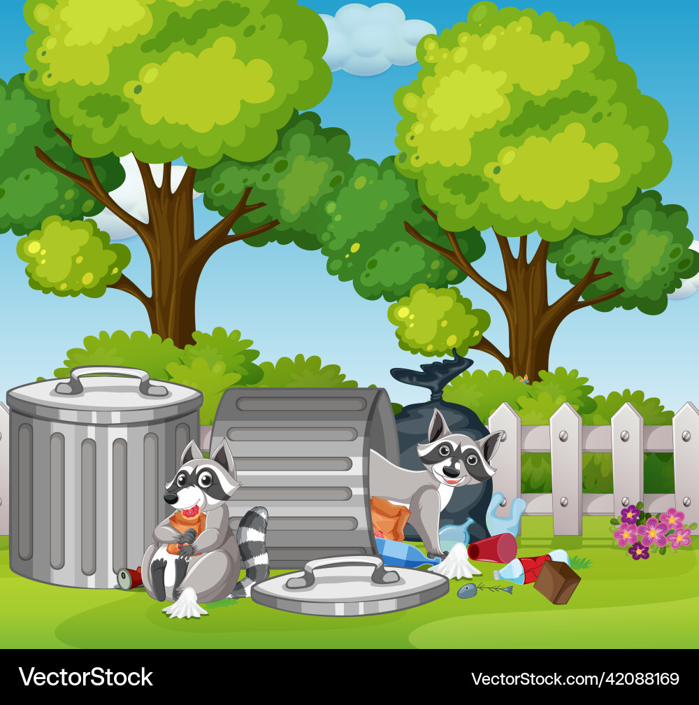 Scene with raccoons eating food from trash vector image