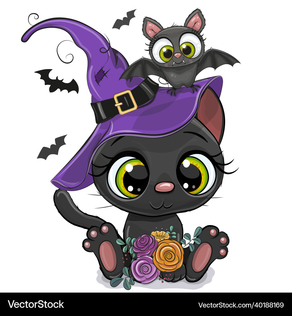 Süßer Kartoon Katze mit Halloween Bat Vektorbild