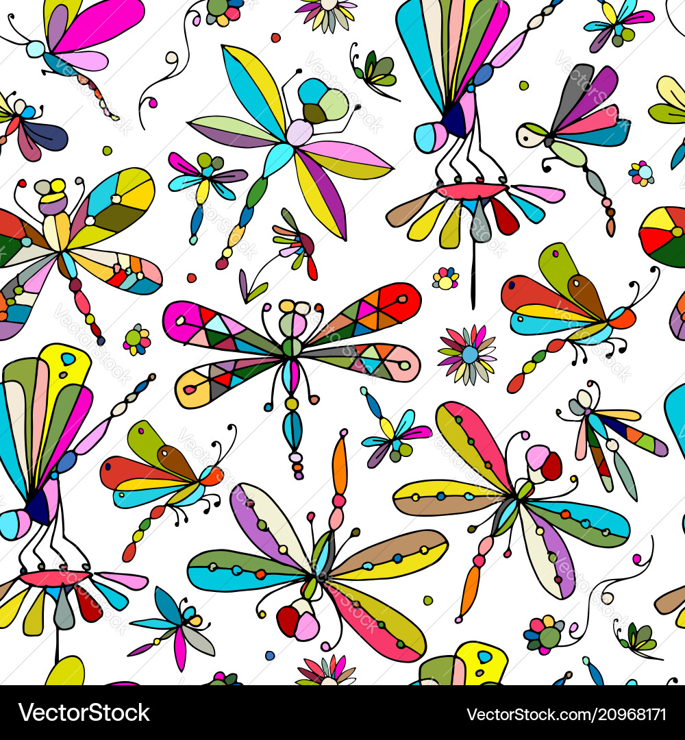 Dragonfly Seamless Pattern - Colorful vector image