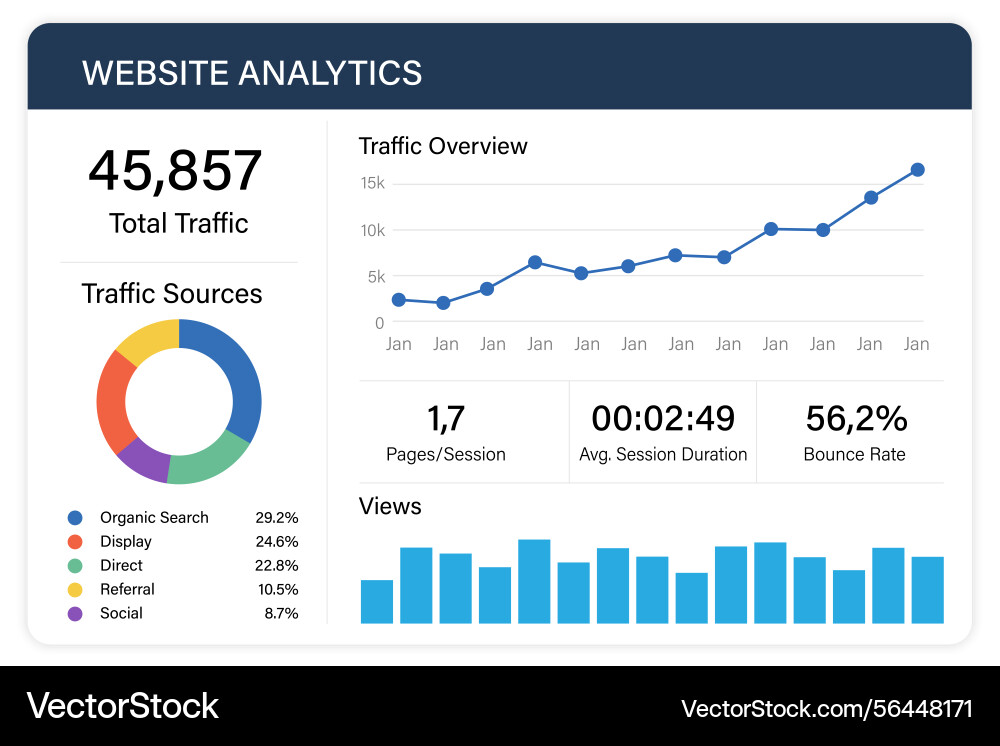 Website analytics dashboard displaying traffic vector image