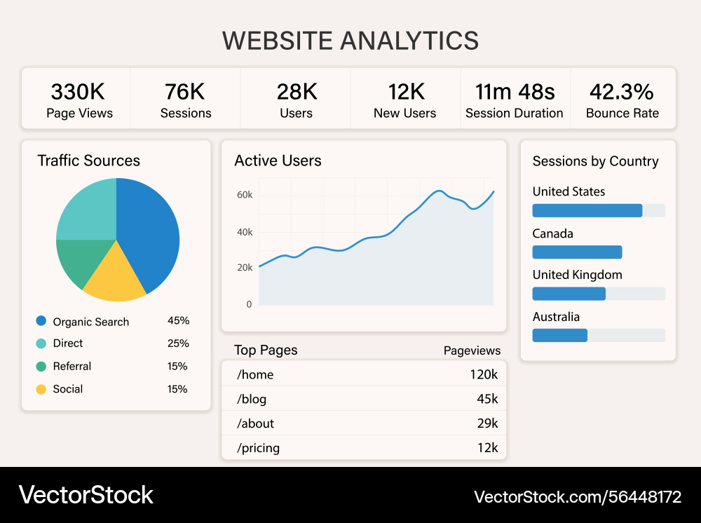 Website analytics dashboard displaying traffic vector image