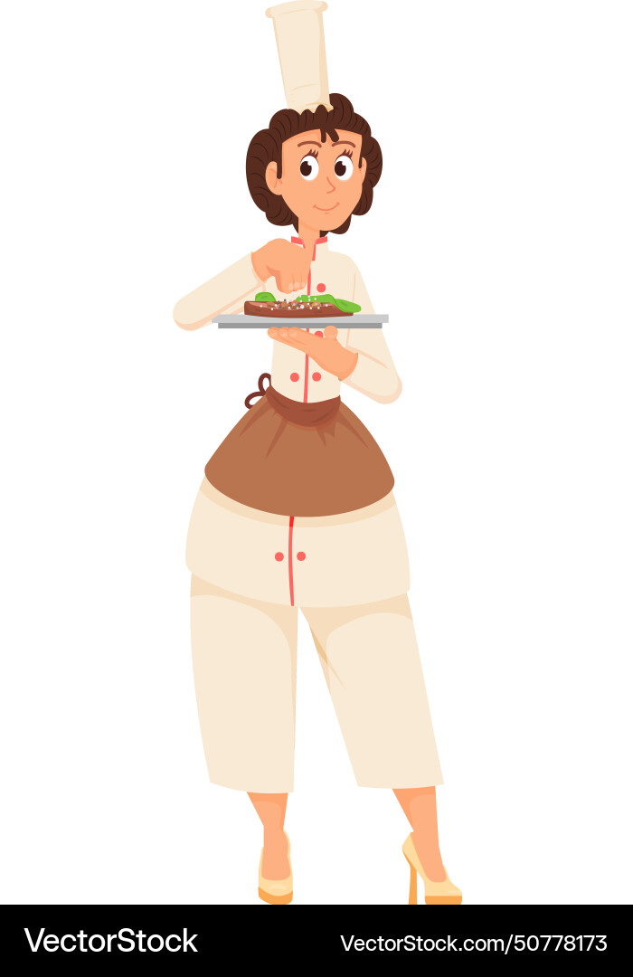 Woman chef seasoning dish cartoon cooking Woman chef seasoning dish cartoon cooking vector image