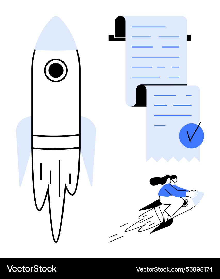 Rocket launch with checklist and person riding Rocket launch with checklist and person riding Vector Image