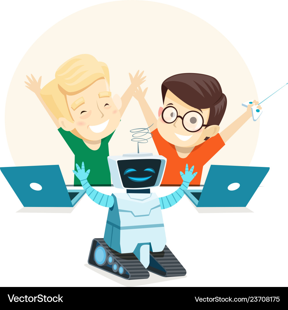 Happy children run the robot in robotics class Happy children run the robot in robotics class vector image