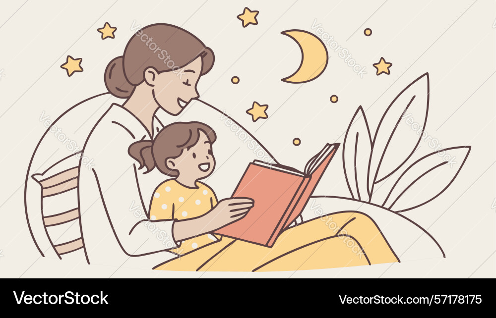 Mutter Kind Lesen Bett-Story gemütliche Nacht Vektorbild