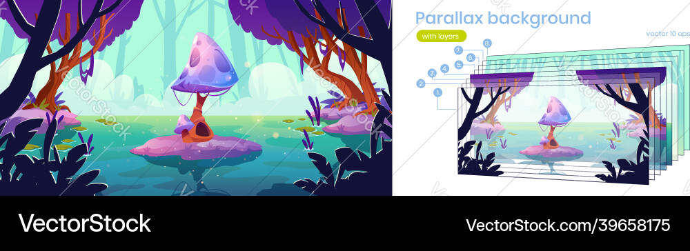 Parallax background for fantasy game with mushroom Parallax background for fantasy game with mushroom vector image